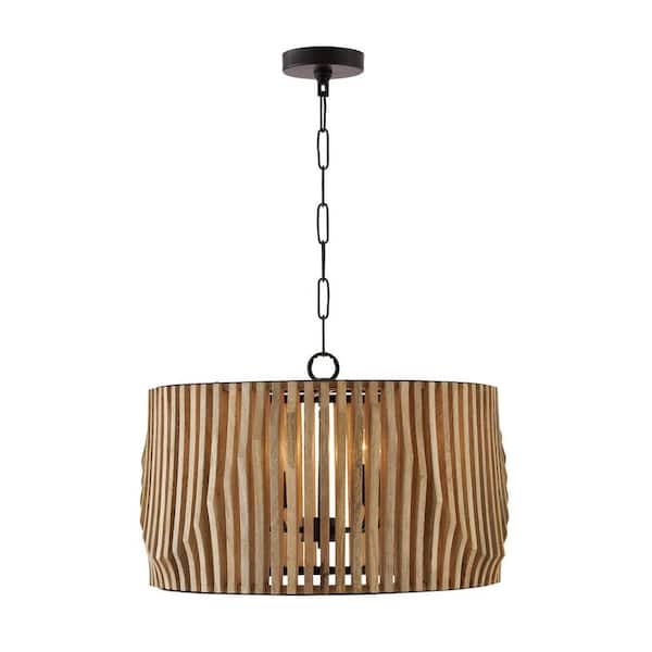 Archer 60-Watt 4-Light Light Wood and Matte Black Medium Pendant Light with Handcrafted Mango Wood and No Bulbs Included