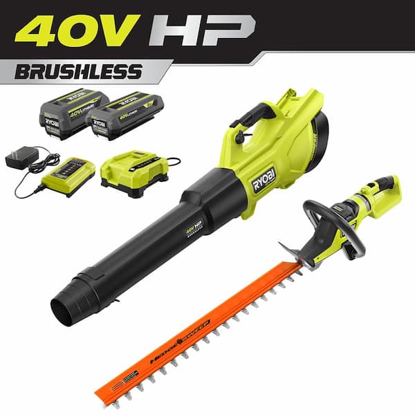 RYOBI 40V HP Whisper Series 155 MPH 600 CFM Cordless Leaf Blower and 26 in. Hedge Trimmer with (2) Batteries and (2) Chargers