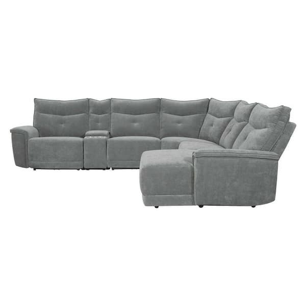 EVERGLADE HOME Marta 132 in. W Pillow Top Arm Polyester 6-Piece L-Shaped Modular Reclining Sectional in Mist Gray