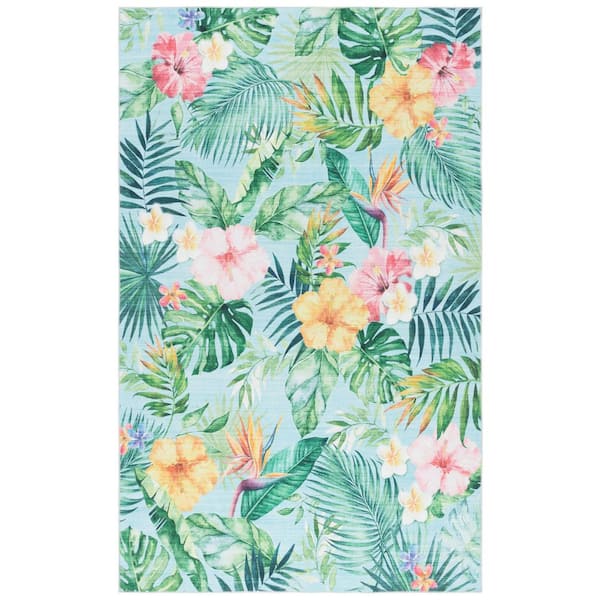 Malibu Aqua/Pink 9 ft. x 12 ft. Machine Washable Oversized Floral Leaves Area Rug