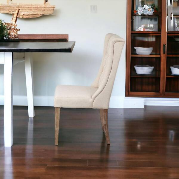 HomeRoots Tufted Cream And Brown Upholstered Linen Wing Back Side Chair
