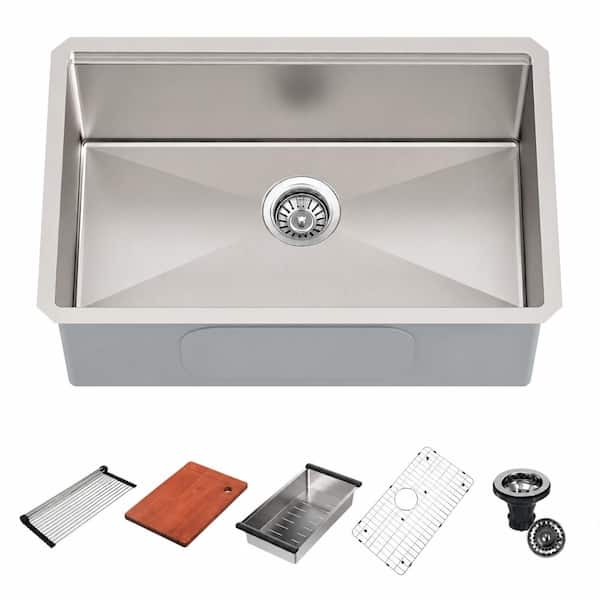 30 in. Undermount Single Bowl 3D Embossed Stainless Steel Workstation Kitchen Sink with Accessories