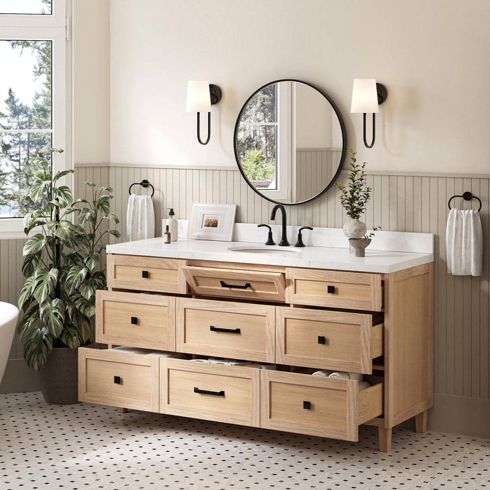 Monroe 66" Light Oak Freestanding Vanity with Carrara Quartz Top