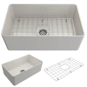 Aderci Biscuit Fireclay 30 in. Single Bowl Ultra-Slim Farmhouse Apron Front Kitchen Sink with Grid and Strainer