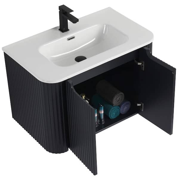 Caskvalley 30 in. Floating Bath Vanity in Carbon Black with White Ceramic Sink Top Assembled