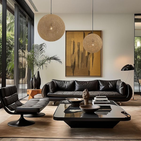 Entwined 60-Watt 1-Light Black 16 in. Globe Pendant Light with Natural Rattan Shade and No Bulbs Included