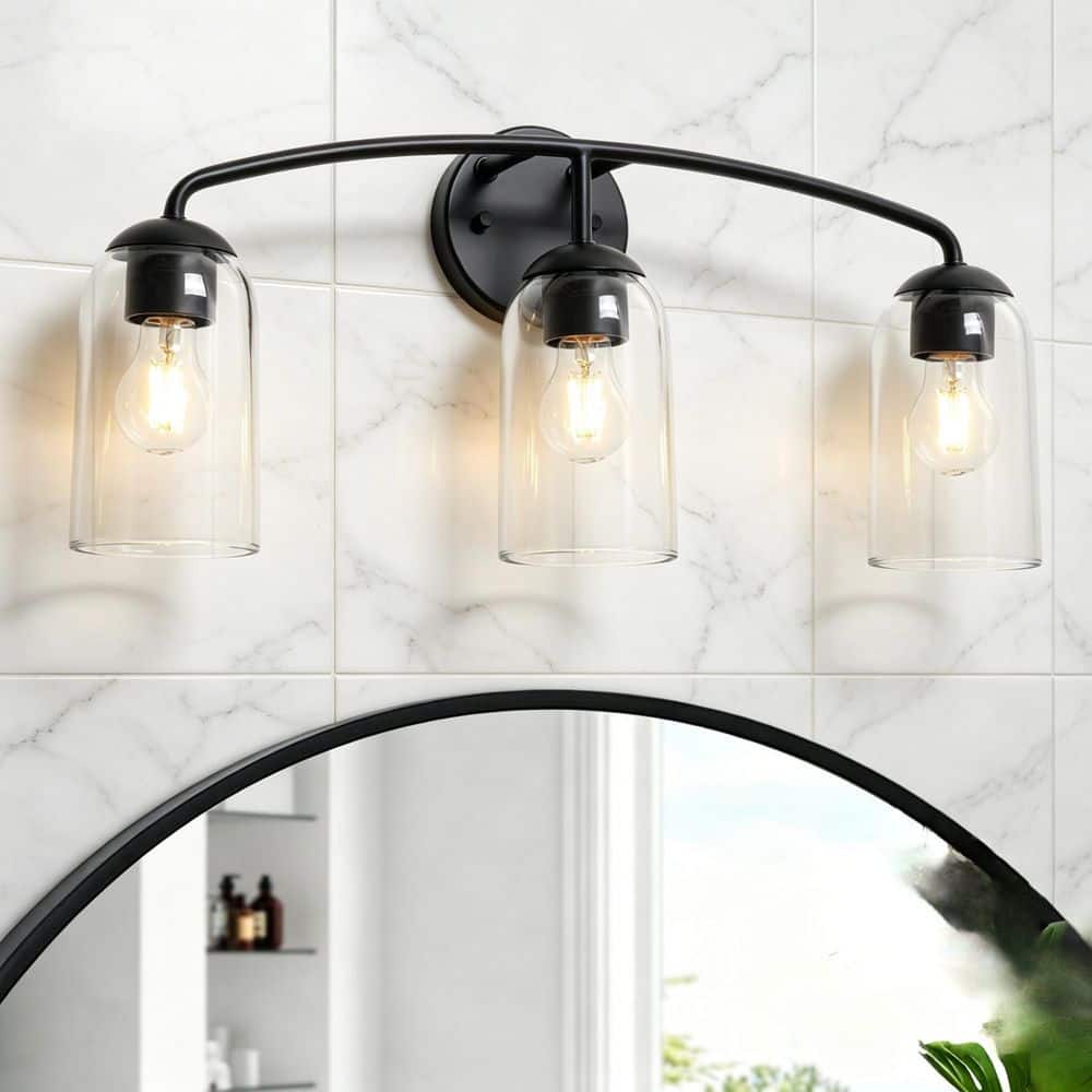 23.2 in. 3-Light Black Modern Minimalist Bathroom Vanity Light with Clear Cylinder Glass Shades, Powder Room Wall Sconce price history on PriceWatchPro