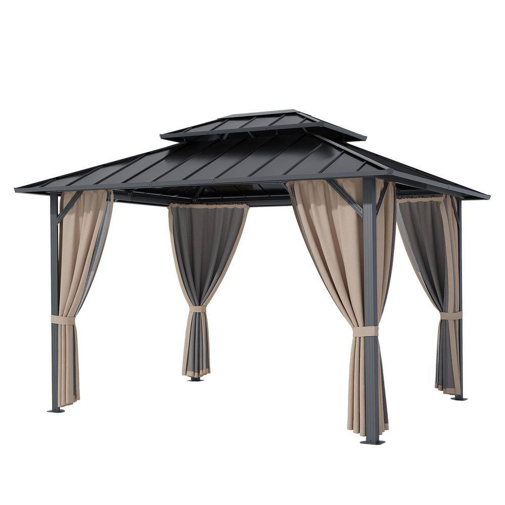 Holley 10 ft. x 12 ft. Hardtop Aluminum Gazebo with Double-Tier Vented Roof, Netting and Curtains, Beige price history on PriceWatchPro