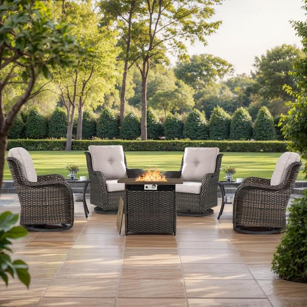 moosprr 7-Piece Brown Wicker Fire Pit Conversation Set with Olefin Beige Cushions and 4 Swivel Glider Chairs and Side Tables