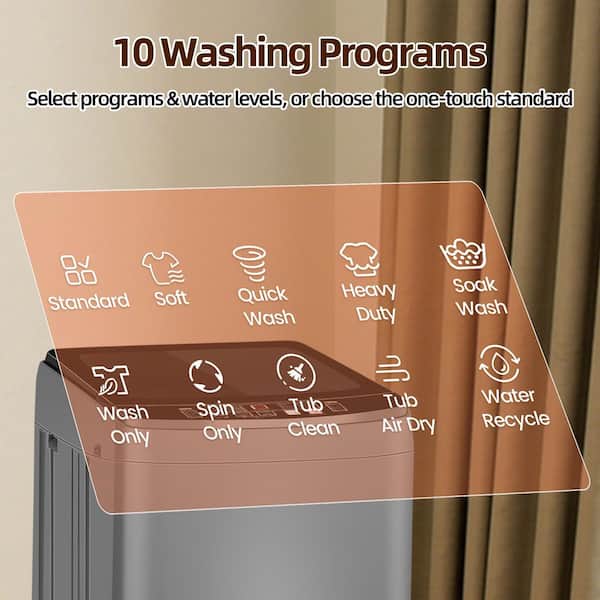 2.2 cu. ft. Full-Auto Portable Top Load Washer with 10-Wash Cycles, Glass Top Lid, for Dorm, Apt, Small Space in Grey