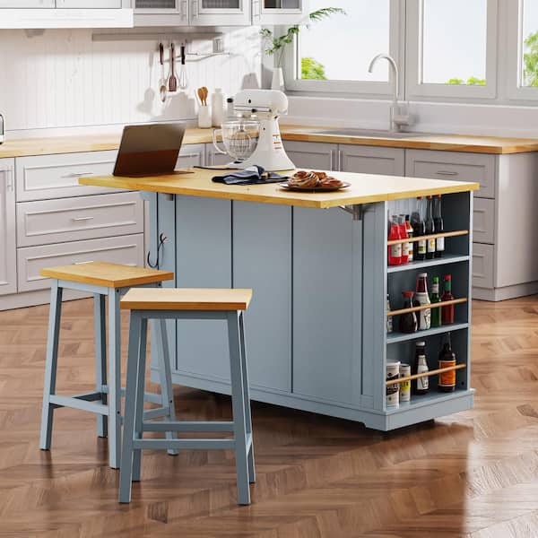 Unbranded Grey Blue 53in. Wood Large Kitchen Island, Rolling Outdoor Bar Cart on Wheels with 2 Bar Stools for Kitchen, Dining Room
