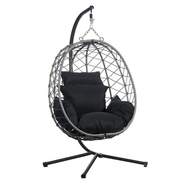 Leisuremod Summit Modern Outdoor Single Person Porch Swing Chair in Grey Metal Frame with Removable Cushions, Black