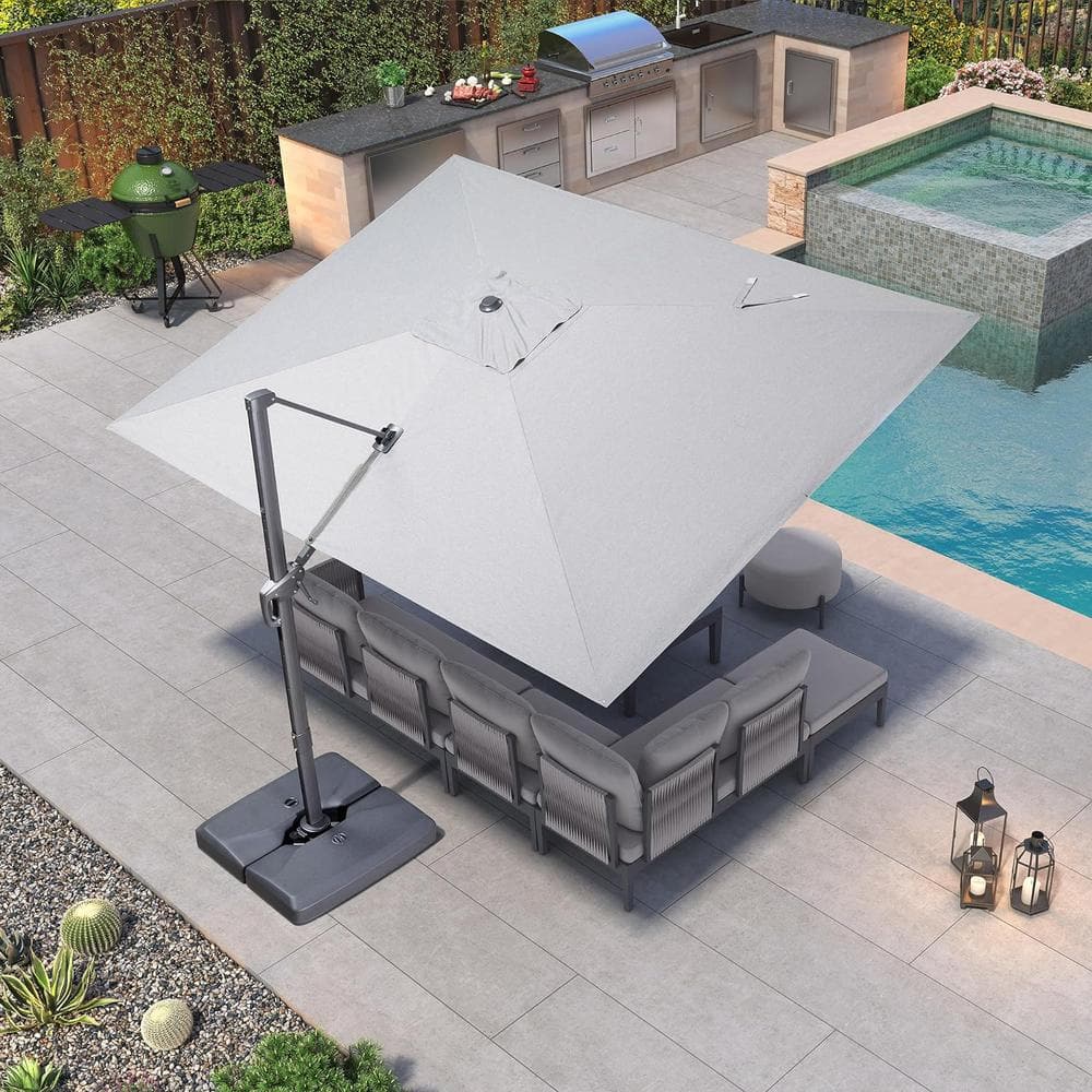 Light Gray Aluminum Cantilever Patio Umbrella with Stand, 9' x 11.5'