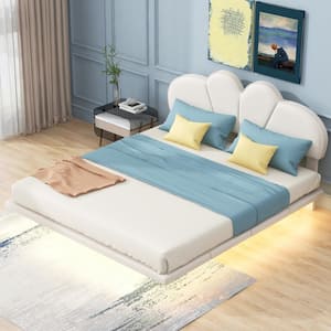 Floating Beige Wood Frame Full Size PU Leather Upholstered Platform Bed with Under-Bed LED Light, Scalloped Headboard