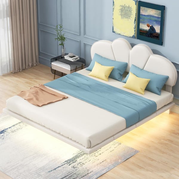 Harper & Bright Designs Floating Beige Wood Frame Full Size PU Leather Upholstered Platform Bed with Under-Bed LED Light, Scalloped Headboard