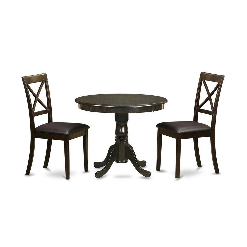 Cappuccino Round Pedestal Dining Table with 2 Faux Leather Chairs