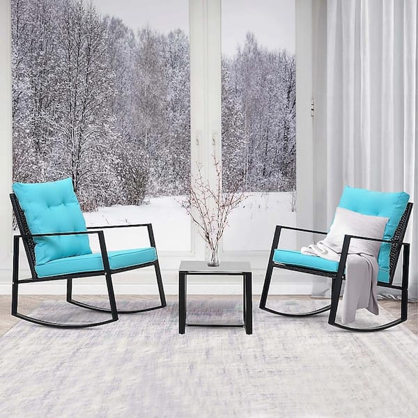 Zeus & Ruta Black 3-Piece Wicker Rocking Patio Conversation Set with Blue Cushions for Patio, Garden, Backyard and Pool