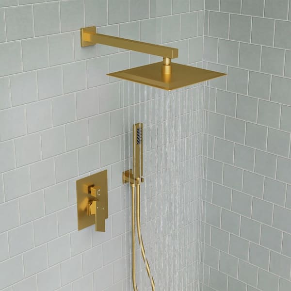 2-Spray Wall Mount 10 in. Dual Fixed and Handheld Shower Head with High Pressure in Brushed Gold Valve Included