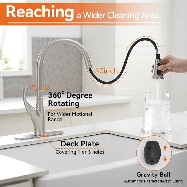 BWE Brushed Nickel Kitchen Faucet With Pull-Out Sprayer – 3 Spray Modes, High Arc, Single Handle, Fits 1 Or 3 Holes