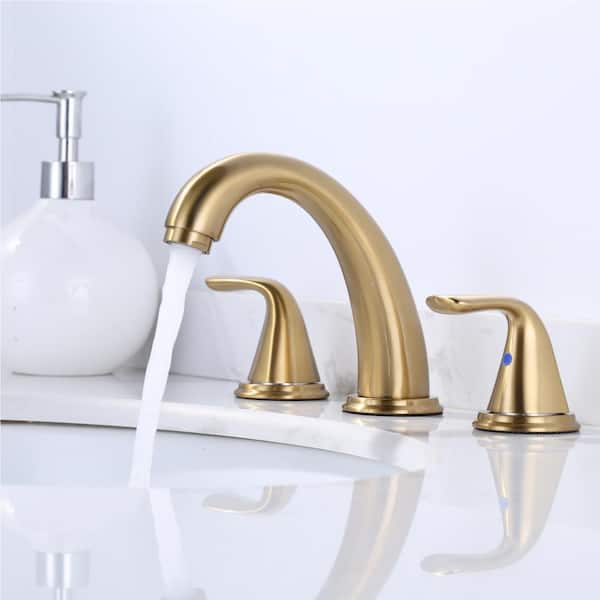 8 in. Widespread Double Handle High Arc Bathroom Faucet with Pop Up Drain Kit and Supply Lines in Gold