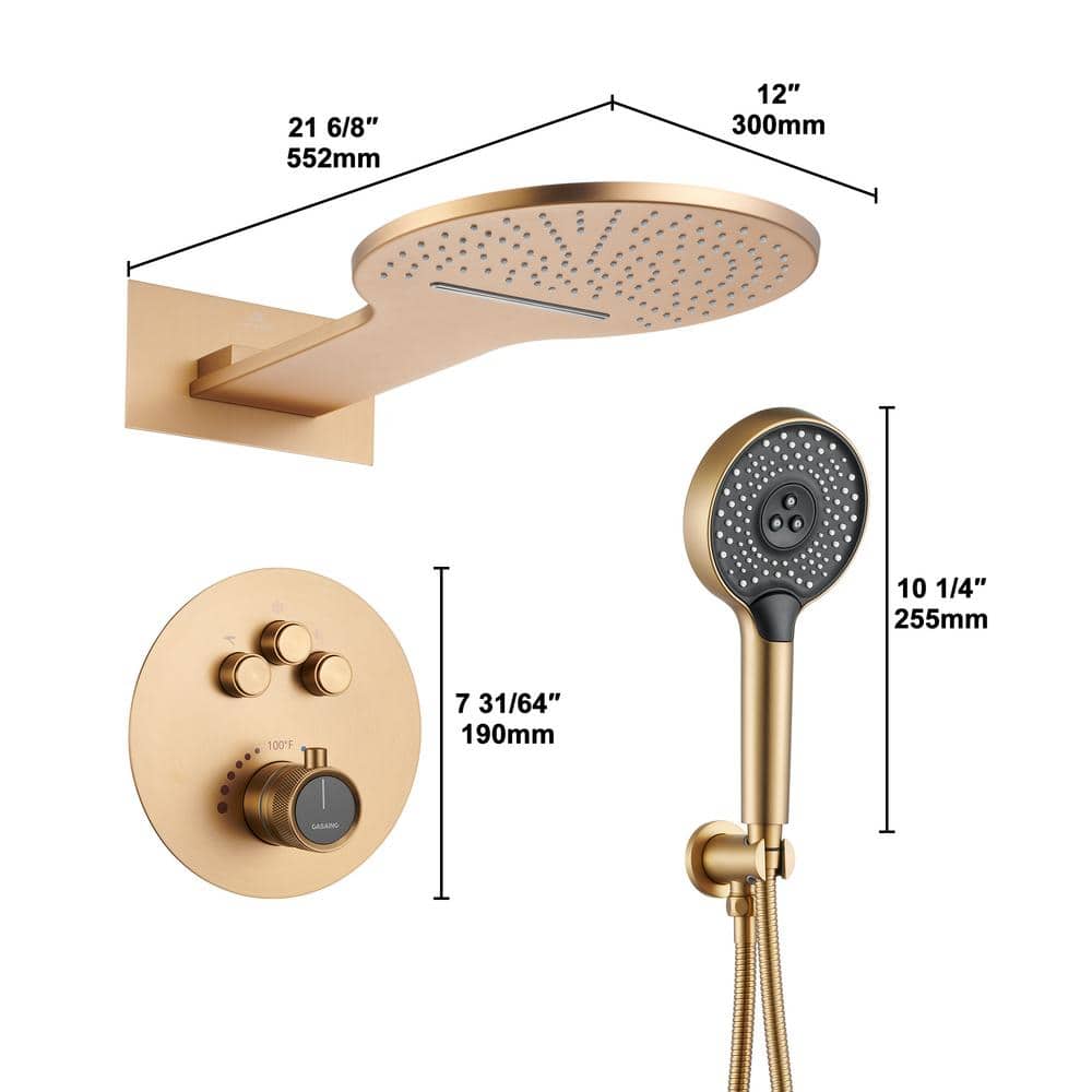 Brushed Gold Thermostatic Rainfall Shower System with Handheld