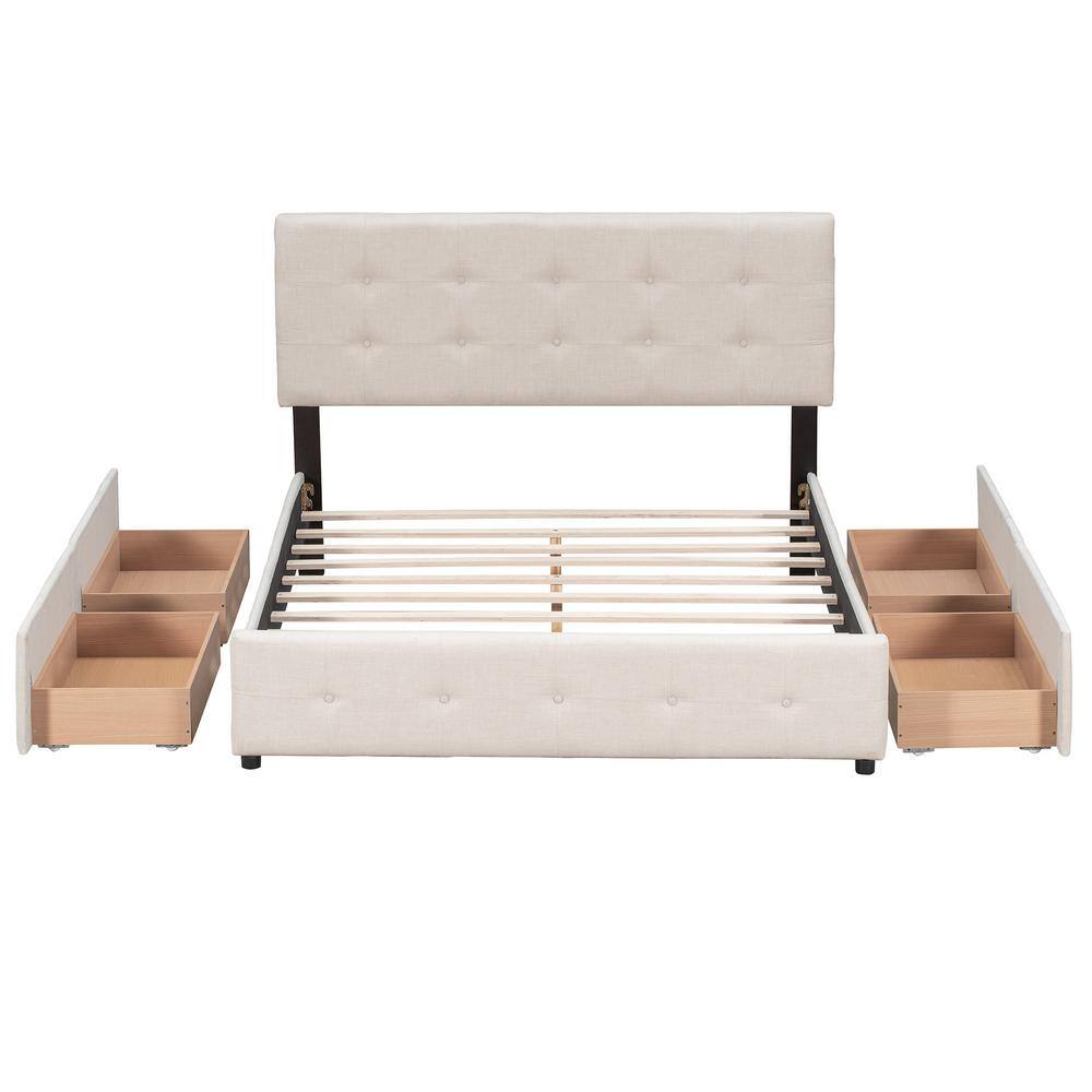 URTR 85 in. W Beige Queen Size Upholstered Platform Bed with 4 Drawers, Storage Platform Bed Frame with Tufted Headboard - 3