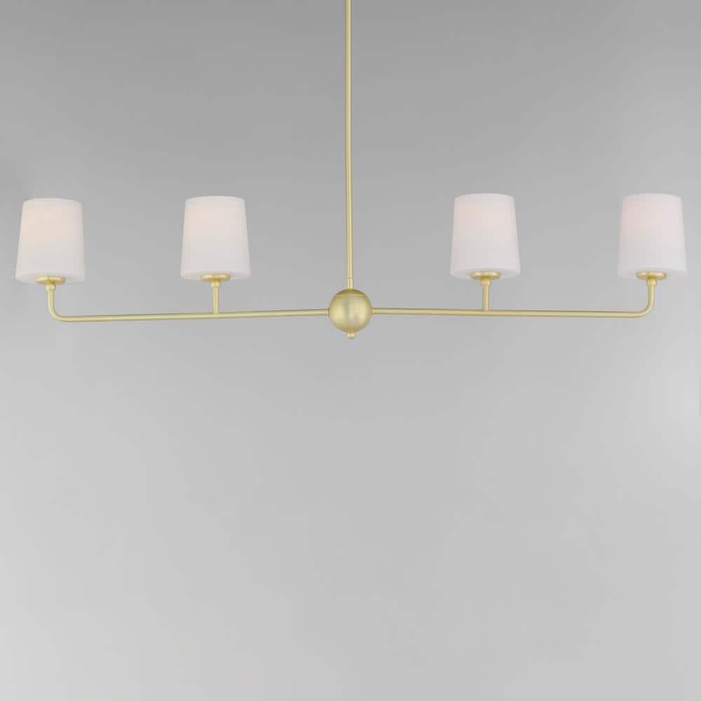 Satin Brass 4-Light Linear Chandelier with White Glass Shades