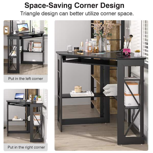 VECELO - Corner Computer Desk with Built-In Charging Station, Keyboard Tray and Storage Shelves, 41 in. Triangle Table, Black