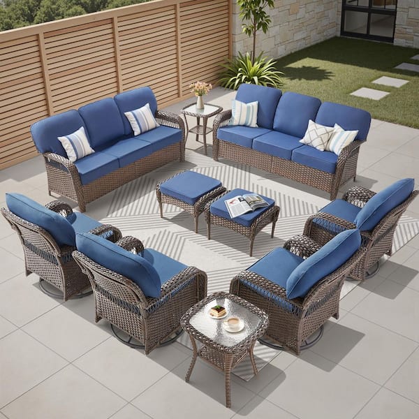 Brown 10-Piece Wicker Patio Conversation Sets with Swivel Rocker, Outdoor Couch Seating Set with Blue Cushions