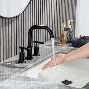8 in. Widespread Double Handle Bathroom Faucet with Valve and Pop-Up Drain Assembly in Black