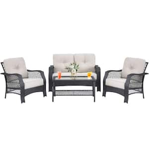 4-Piece Rattan Patio Conversation Set with Beige Cushions