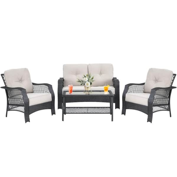 Kadehome 4-Piece Rattan Patio Conversation Set with Beige Cushions