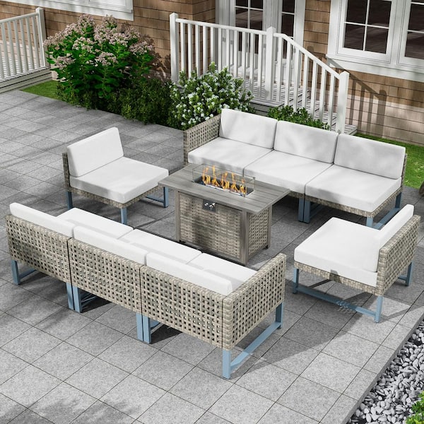eVita Brown Wicker Rattan 9-Piece Outdoor Patio Conversation Set with Gray Cushion and 43 in. Fire Pit Table