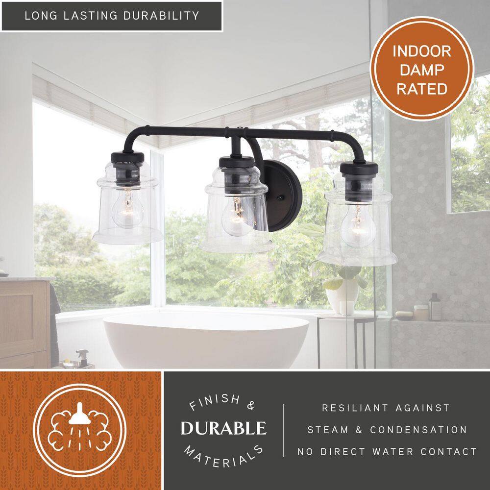 Matte Black Jelly Jar 3-Light Vanity Fixture