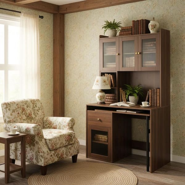 MOAH 70.87 in. Tall Walnut Brown Particle Board 5-Shelf Standard Bookcase with Glass Door Cabinets, Drawer, and Desktop