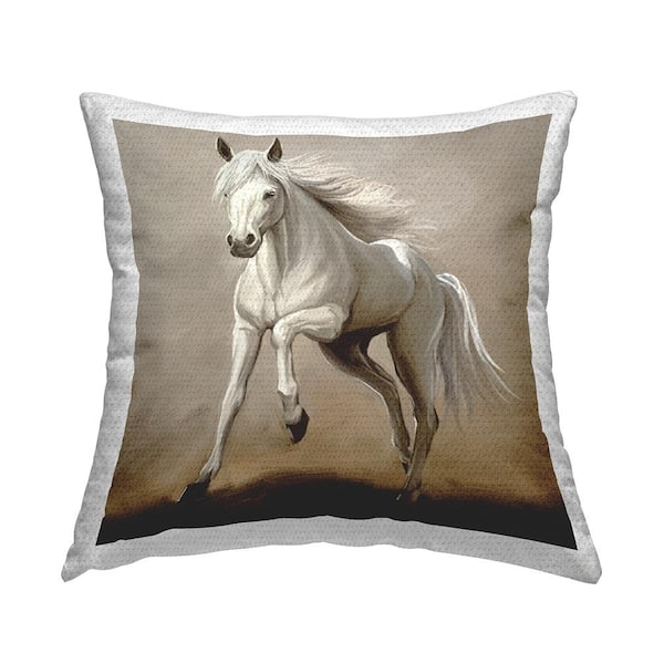Galloping White Stallion Horse Tan Square Outdoor Throw Pillow