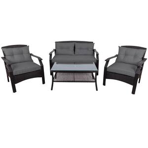 4-Piece Wood Patio Conversation Sofa Set with Gray Cushions