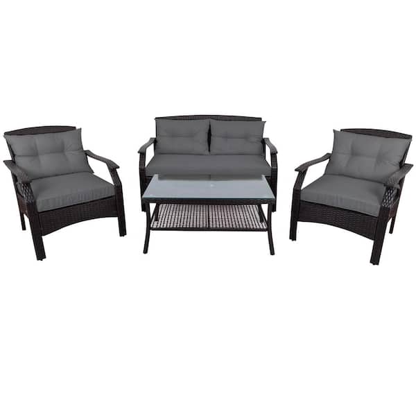 Willit 4-Piece Wood Patio Conversation Sofa Set with Gray Cushions