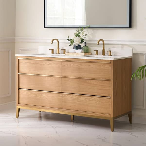 NOLAN 60 in. W x 22 in. D x 35 in. H Double Sinks Freestanding Bath Vanity in Light Oak with Carrera White Quartz Top