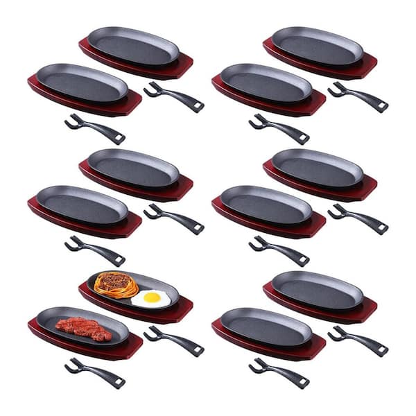 12-Piece Oval Cast Iron Fajita Skillet Pan Set with Wooden Tray Handle Sizzling Plate Grill Bakeware Set