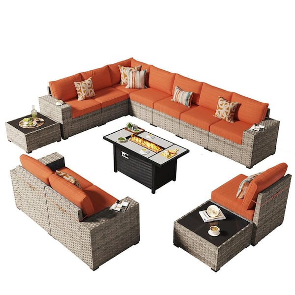 Aero Cane 13 Pieces Wicker Outdoor Patio Rectangular Fire Pit Set with Orange Red Cushions
