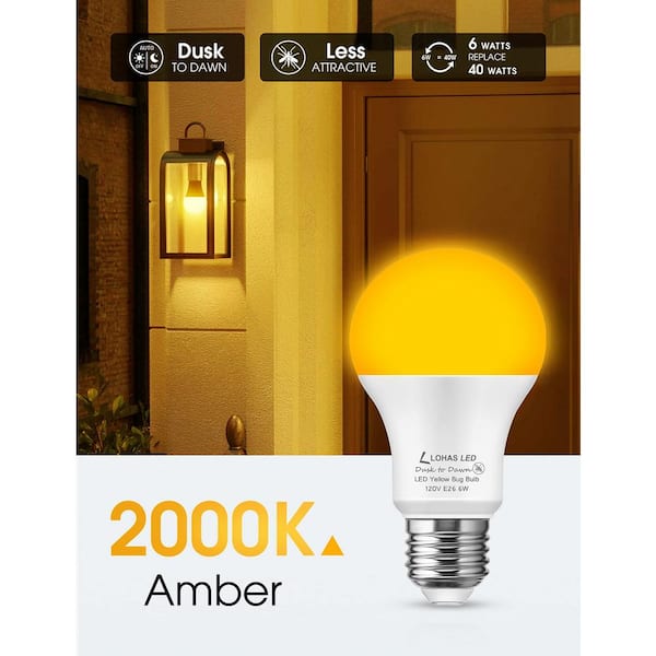 6-Watt, 40-Watt Equivalent A19 Dusk to Dawn LED Bug Light Bulb E26 Base in Yellow-Colored 2000K (16-Pack)
