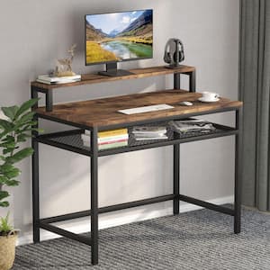 Witham 39.3 in. W Rectangle Rustic Brown Wood Computer Desk with Monitor Stand and Mesh Design Shelf
