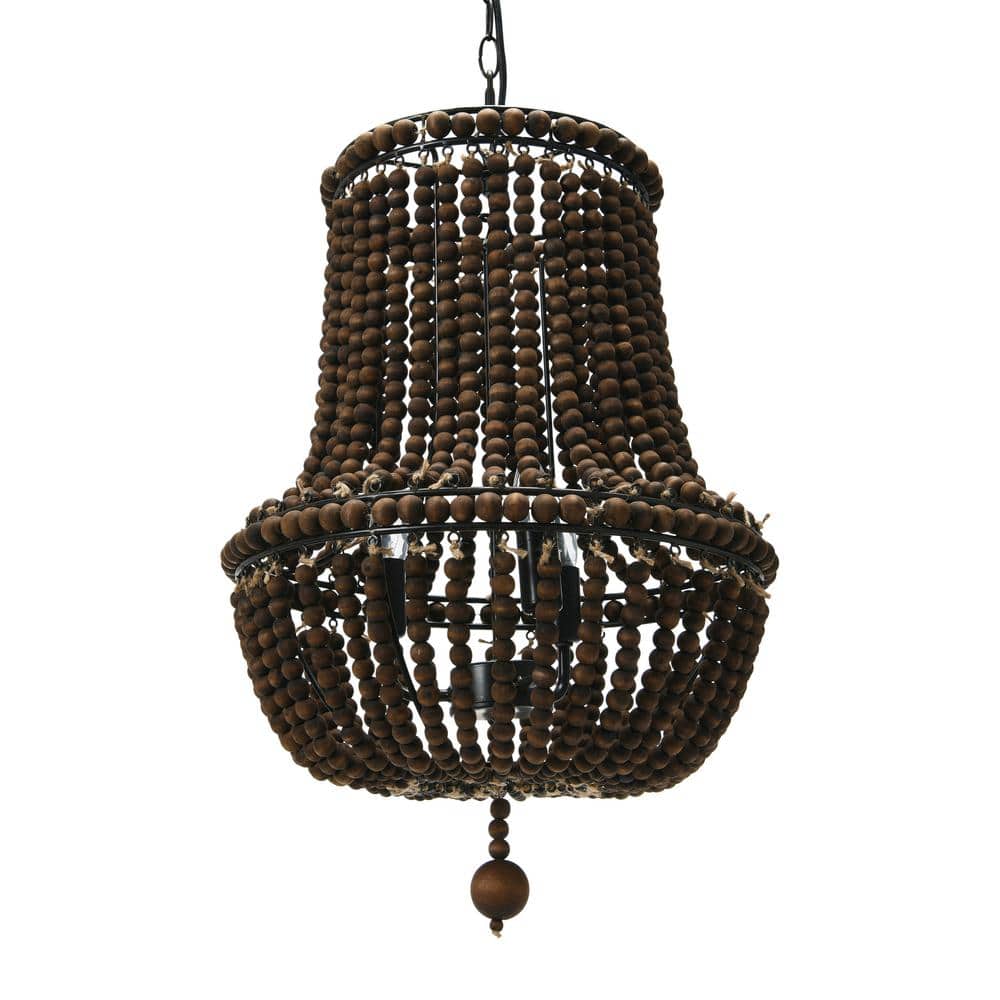 Espresso-Washed Wood Bead Chandelier with Brushed Metal Base