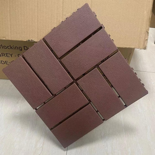 Afoxsos Plastic PVC Interlocking Deck Tiles, Outdoor All Weather Use for Poolside, Balcony, Backyard, Brown 1 ft. x 1 ft.