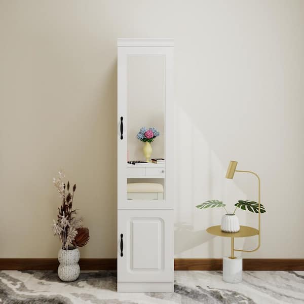 White Wood 15.75 in. Armoire with Mirror and 2 Doors