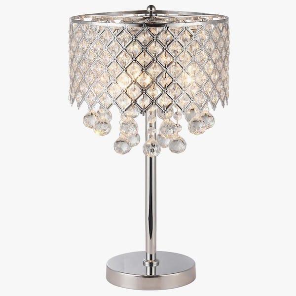 Edvivi Marya 18.5 in. Chrome Finish Modern Table Lamp with Crystal Beaded Drum Shadeand Hanging Crystals