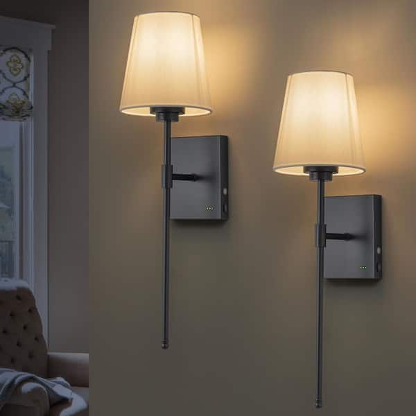 6.25 in. 1-Light Rechargeable Dimmable Black Wall Sconce with Fabric Shade and LED bulb Included (2-Pack)