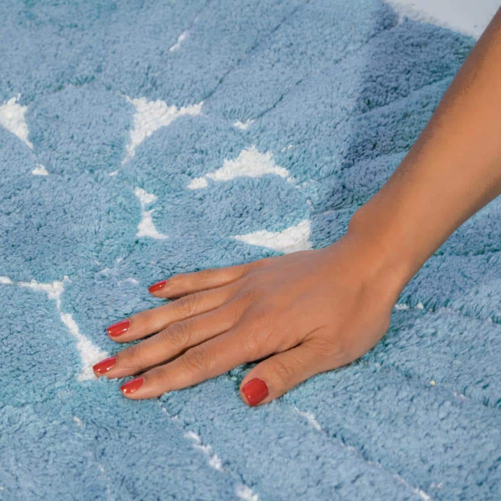 Off-White and Blue Cotton Floral Bath Rug Set