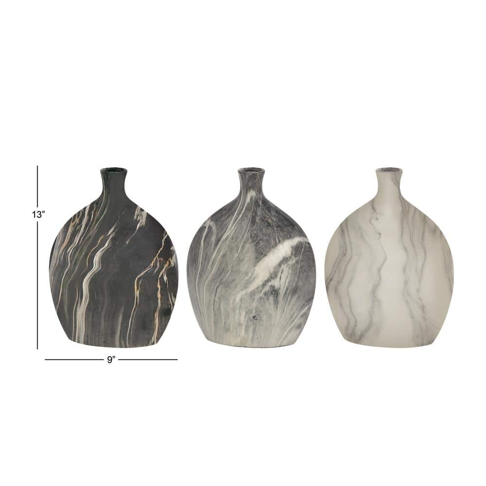 Set of Three Marble-Finish Ceramic Bottle Vases in Gray and White